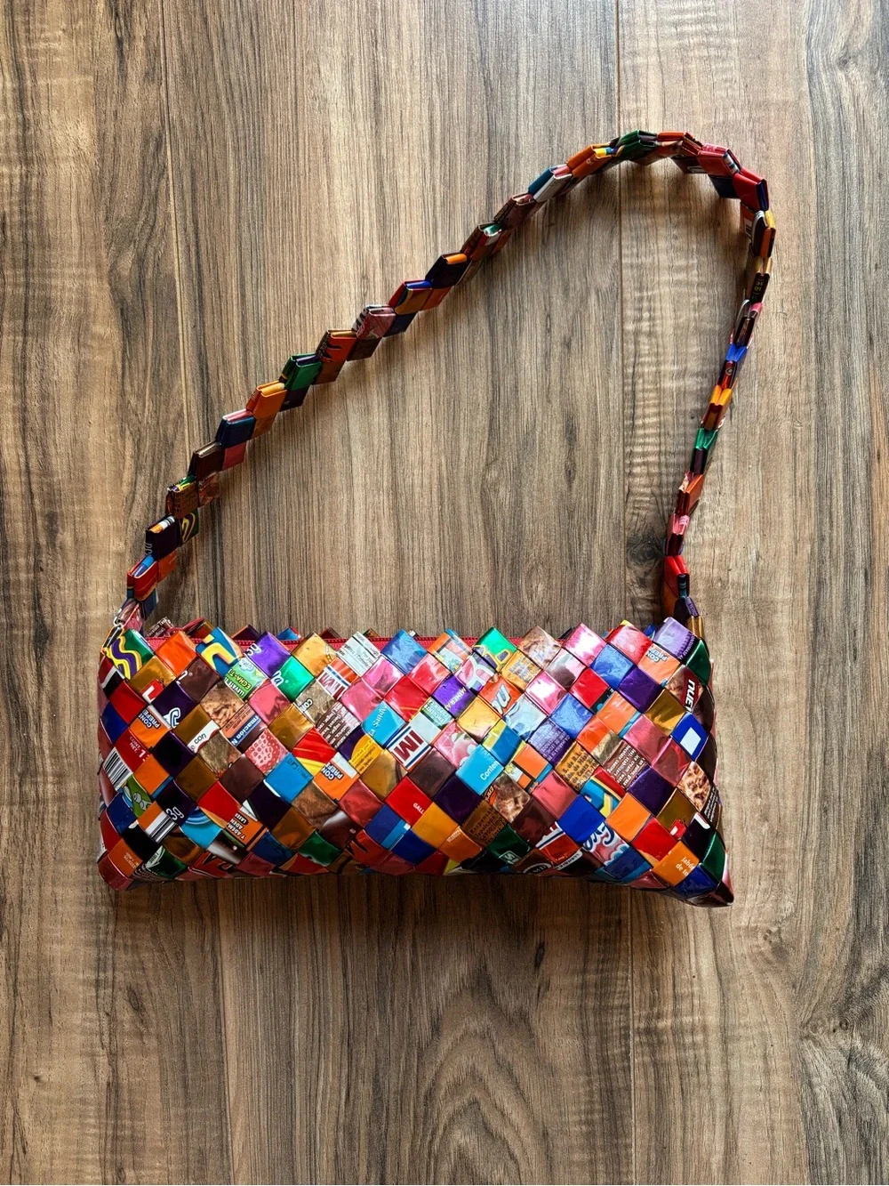 Vintage 1990s Handmade Woven Candy/Gum Wrapper Shoulder Bag Colorful Folk Art